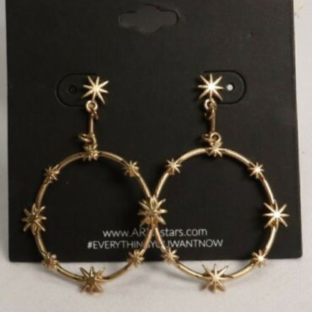 Area Stars Gold Tone Star Post Drop Hoop Earrings New